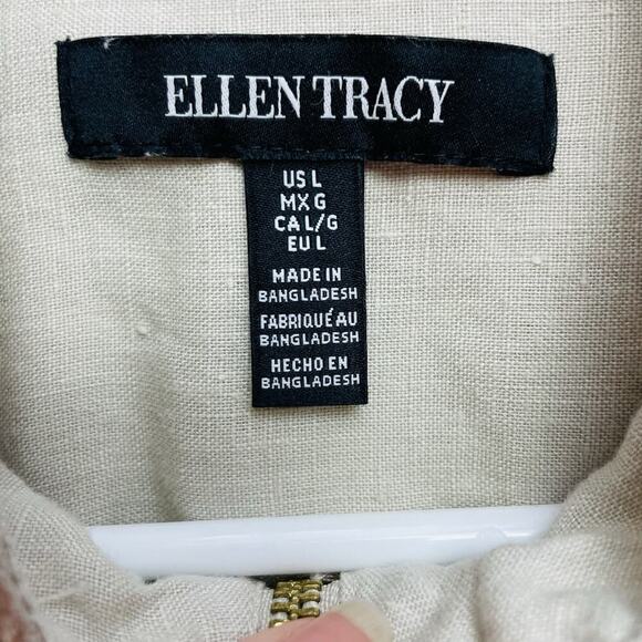 Ellen Tracy 100% Linen Anorak Jacket Womens L Beige Full Zip Roll Tab Sleeve - Picture 3 of 9